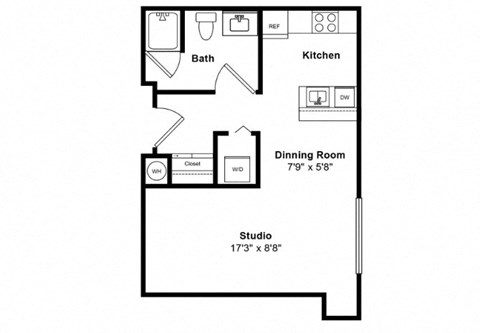 Floor plan for studio, 1 bath, 402 sqft